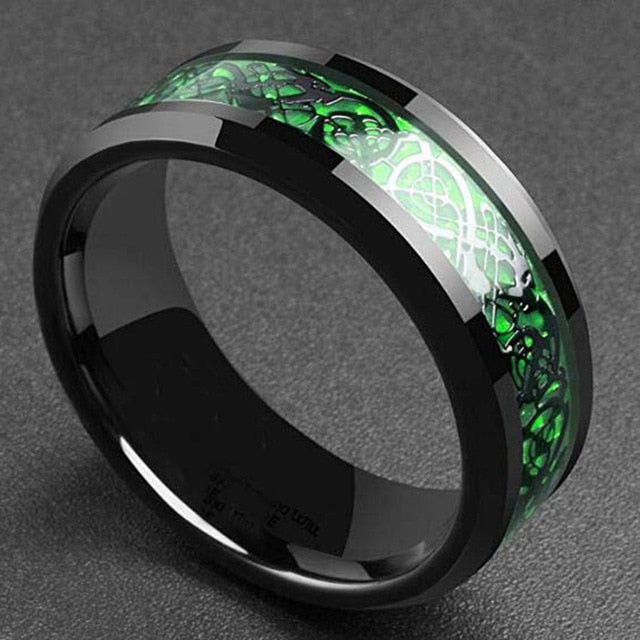 Red Green Carbon Fiber Black Dragon Inlay Comfort Fit Stainless steel Rings for MenBand Ring