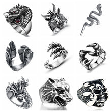 Load image into Gallery viewer, Fan Retro Gothic Punk Men Rings Trendy Skull Wolf Dragon Male Rings