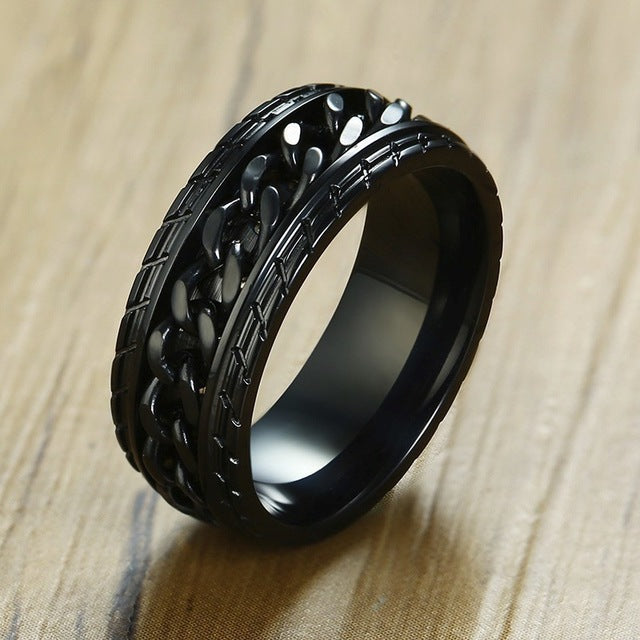 Vnox 8mm Cool Black Spinner Chain Ring for Men Tire Texture Stainless Steel